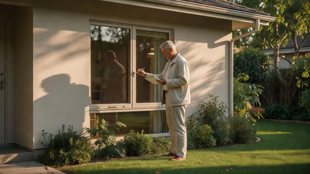 Relevé de sécurité autour d'une fenêtre basse de maison de plain-pied, avec prise de notes dans le jardin