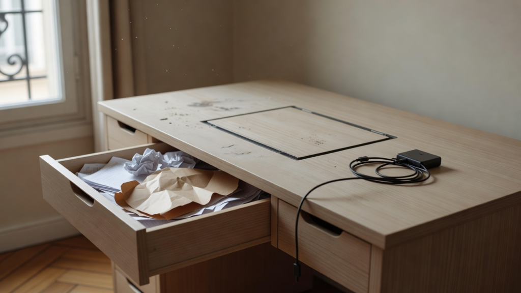 Ordinateur portable, téléphone et papiers d'identité exposés après un cambriolage, visuel des risques numériques