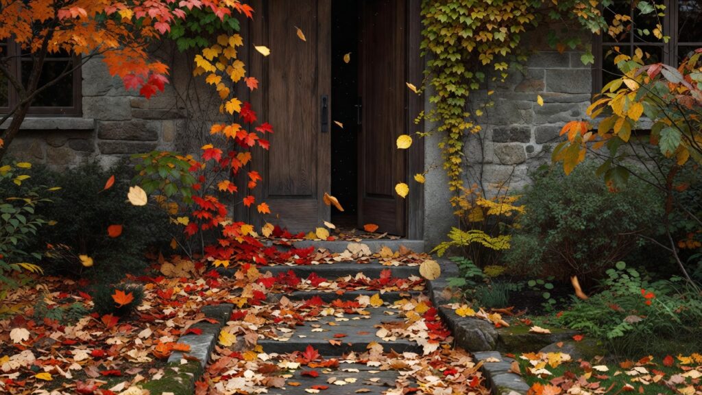 Porte de maison entrouverte en automne