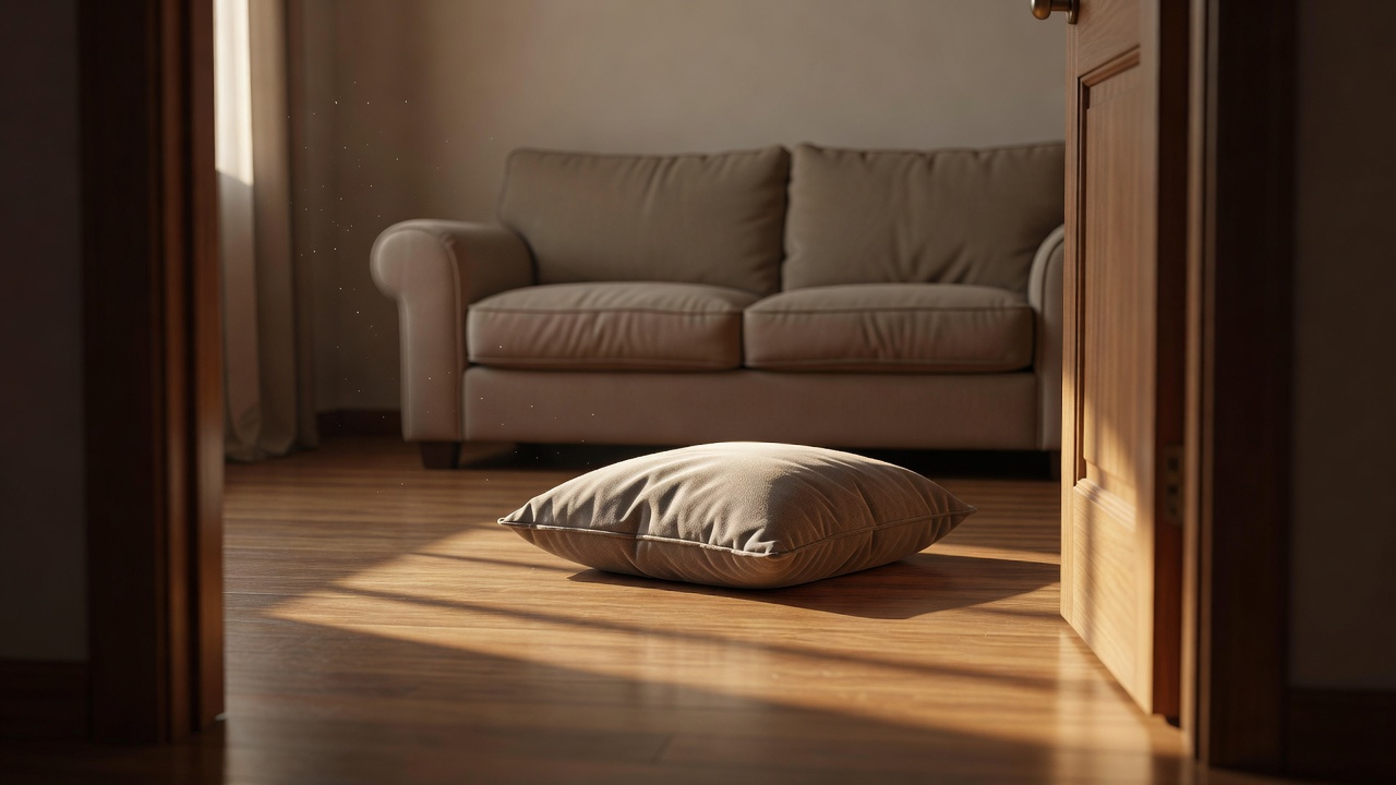 Salon vu depuis la porte, un coussin au sol