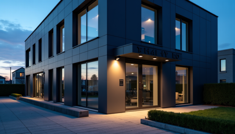 Bâtiment professionnel moderne éclairé le soir, entrée vitrée