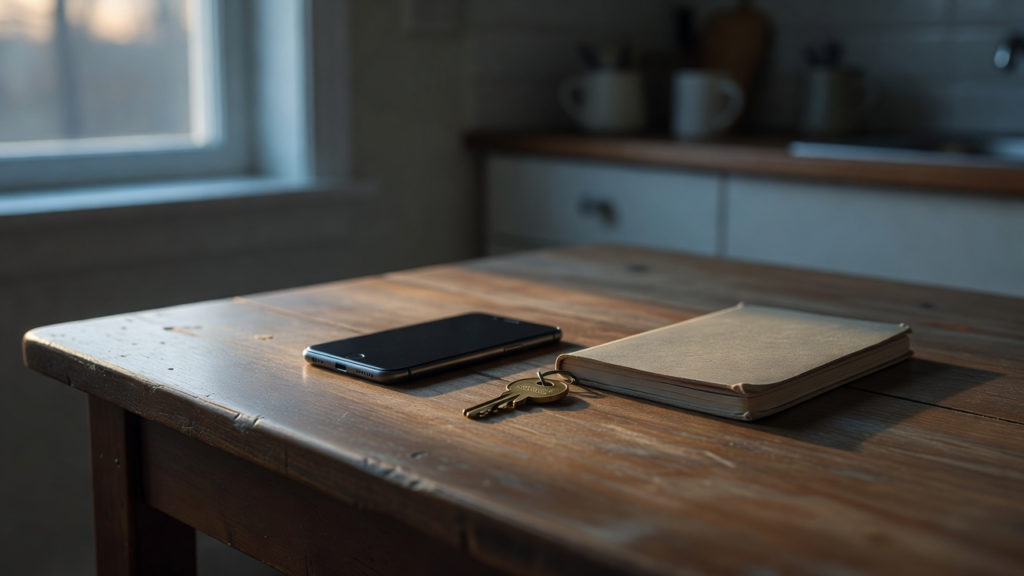 Smartphone écran éteint, clé de maison et carnet fermé sur une table de cuisine