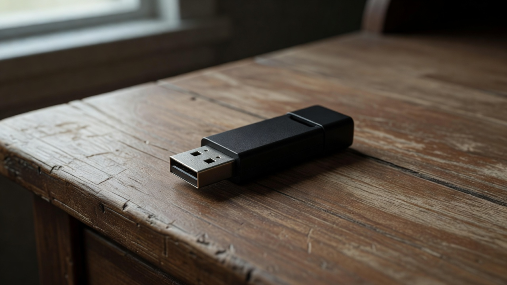 Clé USB noire posée sur un bureau, non branchée, sans marque.
