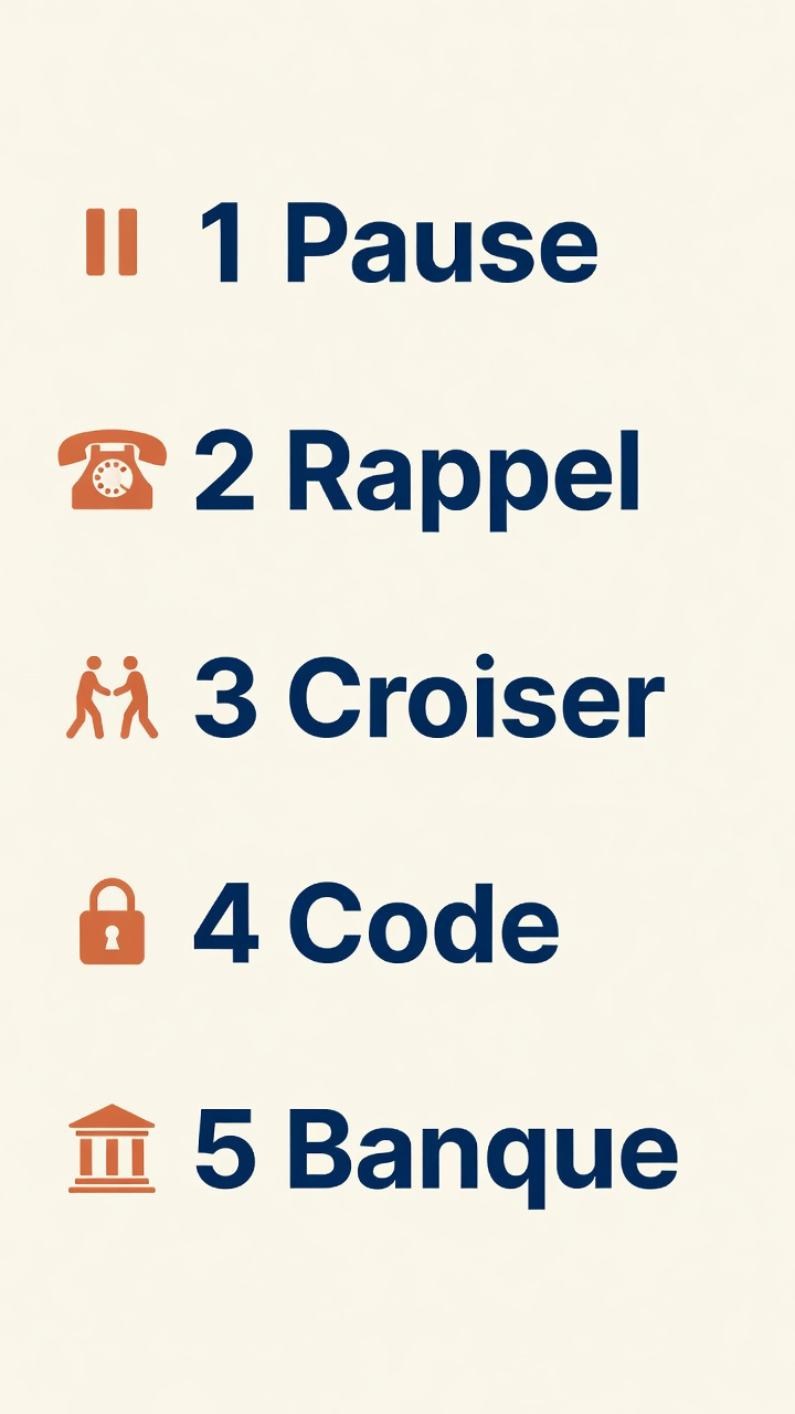 Cinq réflexes : pause, rappel, croiser, code, banque