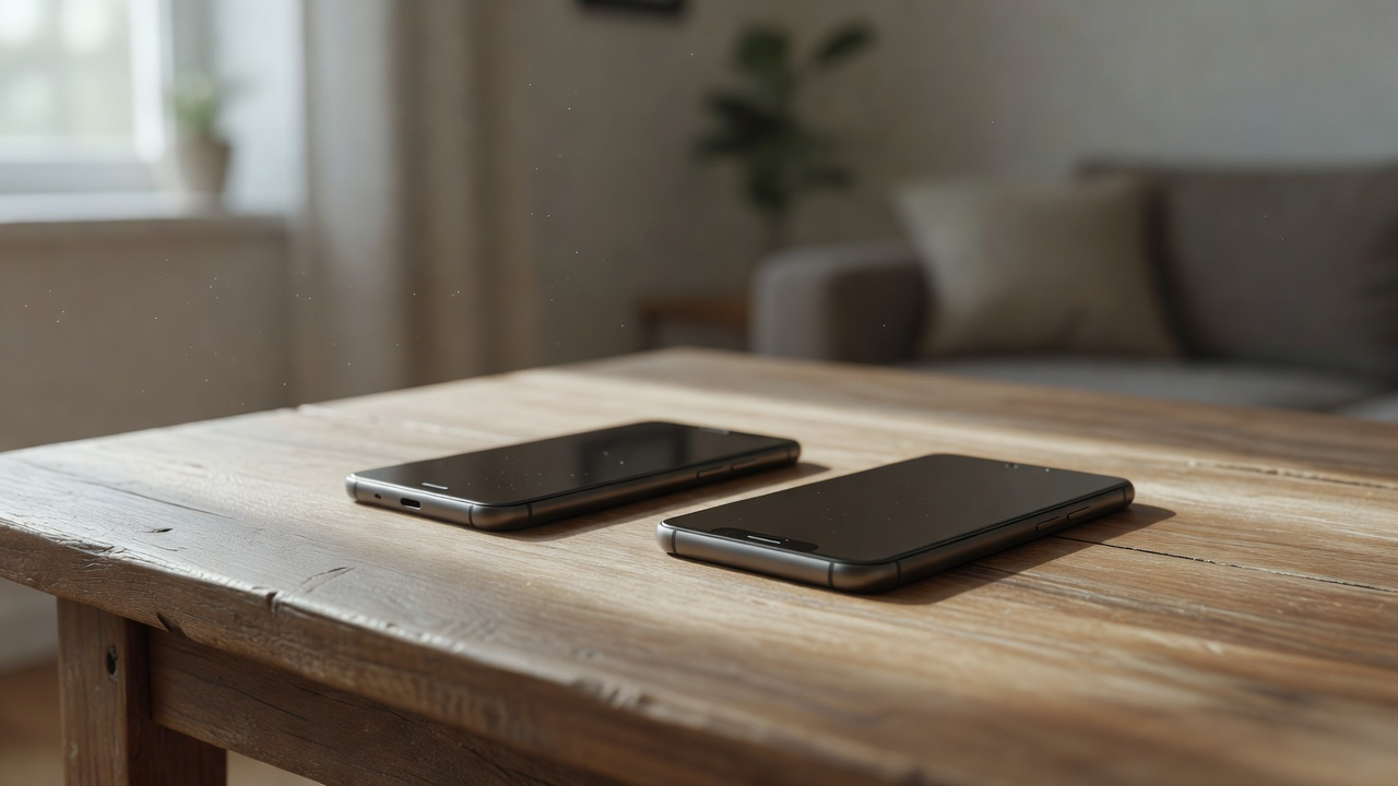 Deux smartphones face cachée sur une table en bois, pour rappeler sur un autre appareil