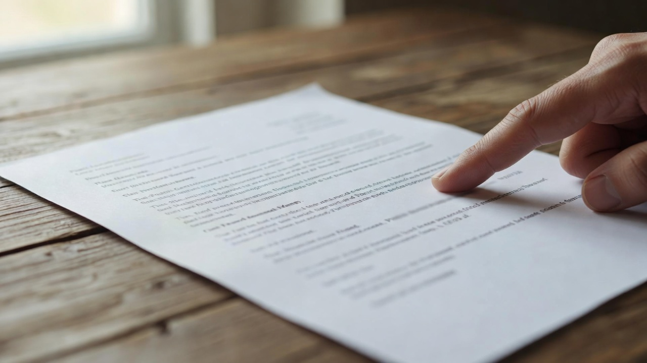 Doigt qui désigne une clause floue d'un contrat, sans texte lisible.