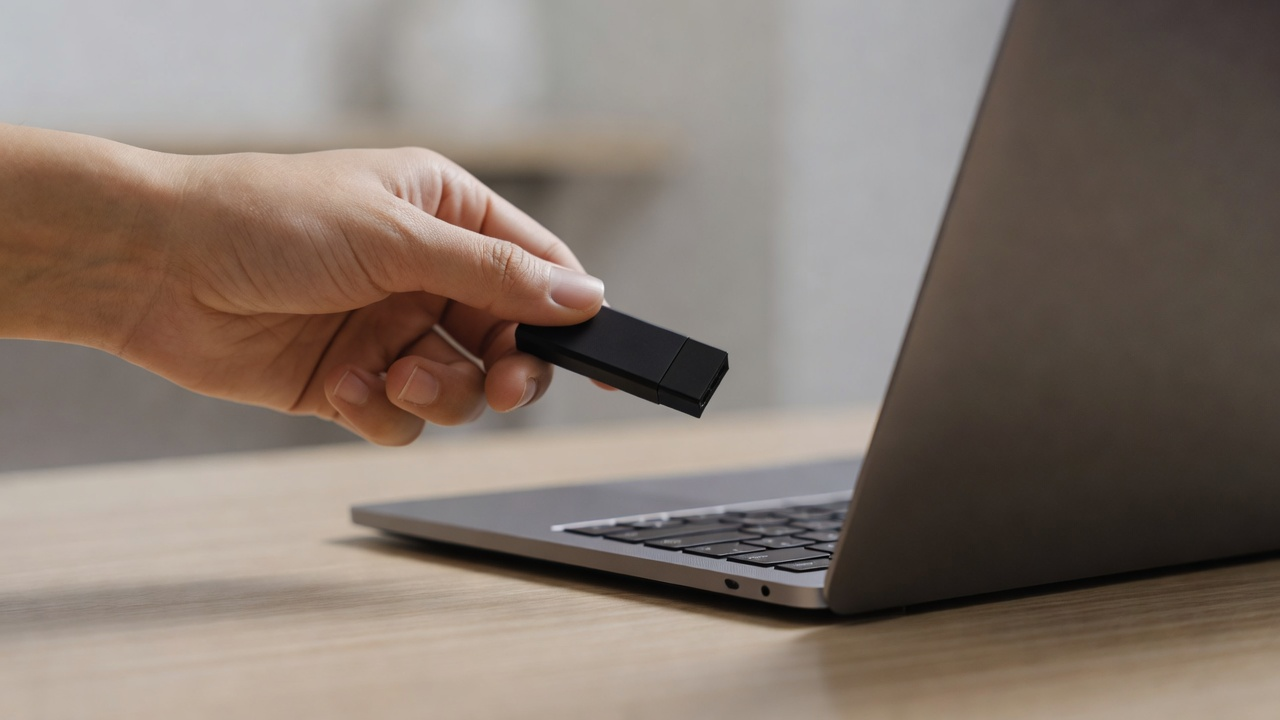 Main qui tient une clé USB noire à distance d'un ordinateur portable.