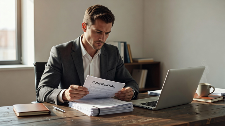 Documents confidentiels exposés sur un bureau professionnel, hors du périmètre prévu