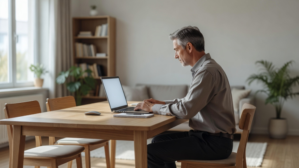 Personne en télétravail à domicile devant son ordinateur, pièce lumineuse
