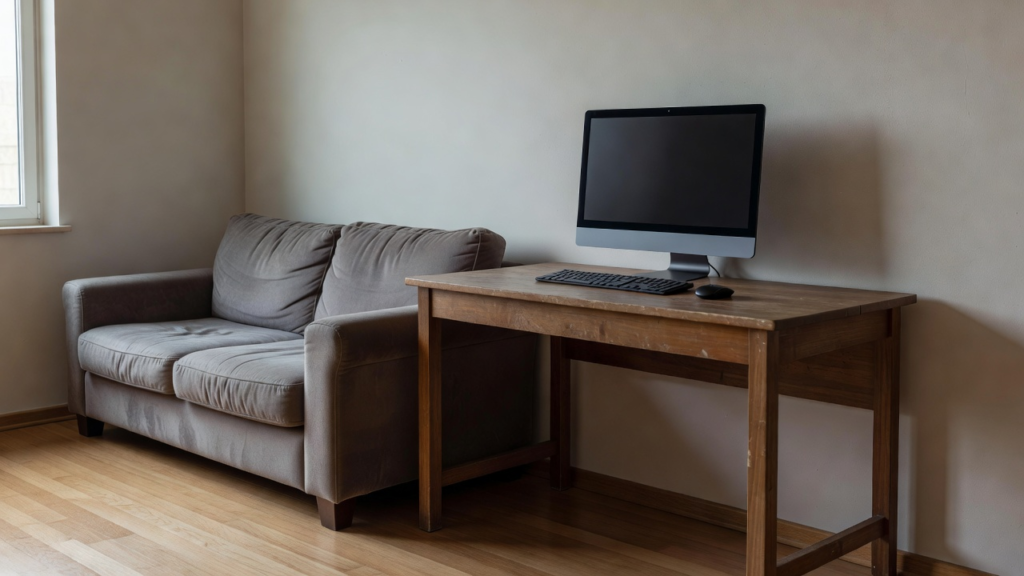 Ordinateur de travail posé sur une table distincte dans une pièce calme de maison