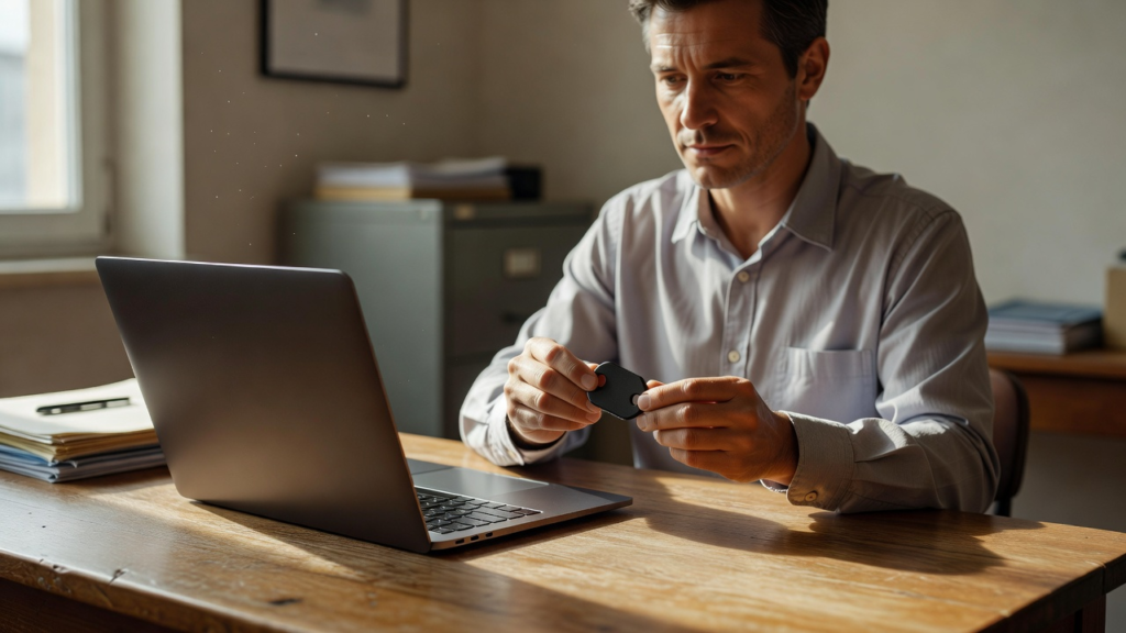Bureau d'une petite entreprise, ordinateur ouvert sur un coffre d'identifiants