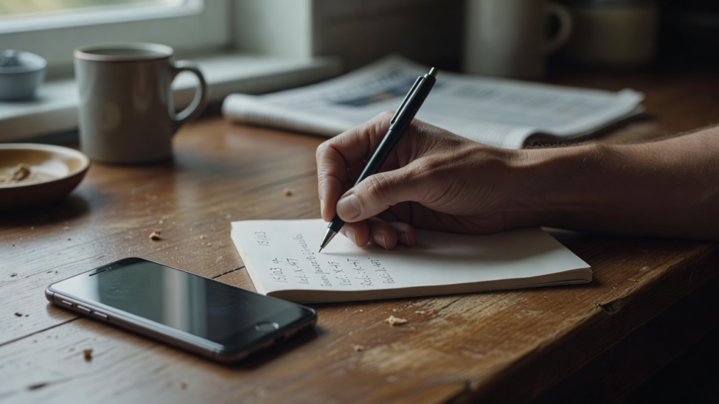 Adulte notant dates et références sur un bloc-notes à table après un message suspect